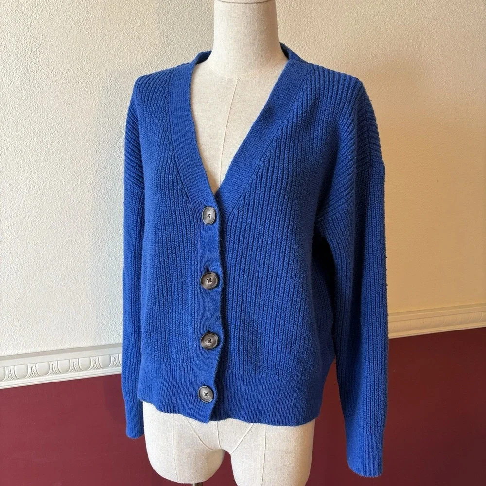 Old Navy Linen Cotton Blend Cardigan Blue V-neck Button Front Sweater Women's M - Picture 1 of 12
